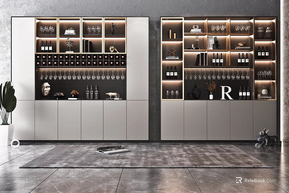 Modern Luxury Wine Cabinet With Glass Doors Shelves And Decorative Bottles 3d model 