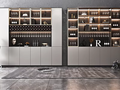 Modern Luxury Wine Cabinet With Glass Doors Shelves And Decorative Bottles 3d model