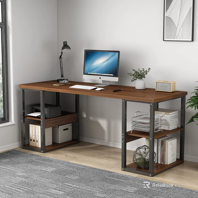 Modern Wooden Office Desk With Computer Monitor Desk Lamp Radio Potted Plant And Storage Shelves 3d model 