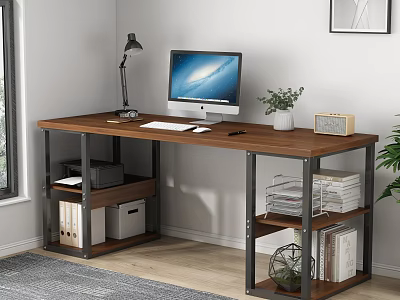 Modern Wooden Office Desk With Computer Monitor Desk Lamp Radio Potted Plant And Storage Shelves 3d model