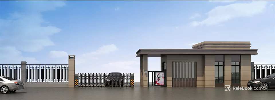 Modern Entrance Gate with Metal Fence and Car Parked in Front of Building Structure 3d model 