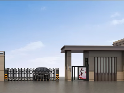 Modern Entrance Gate with Metal Fence and Car Parked in Front of Building Structure 3d model