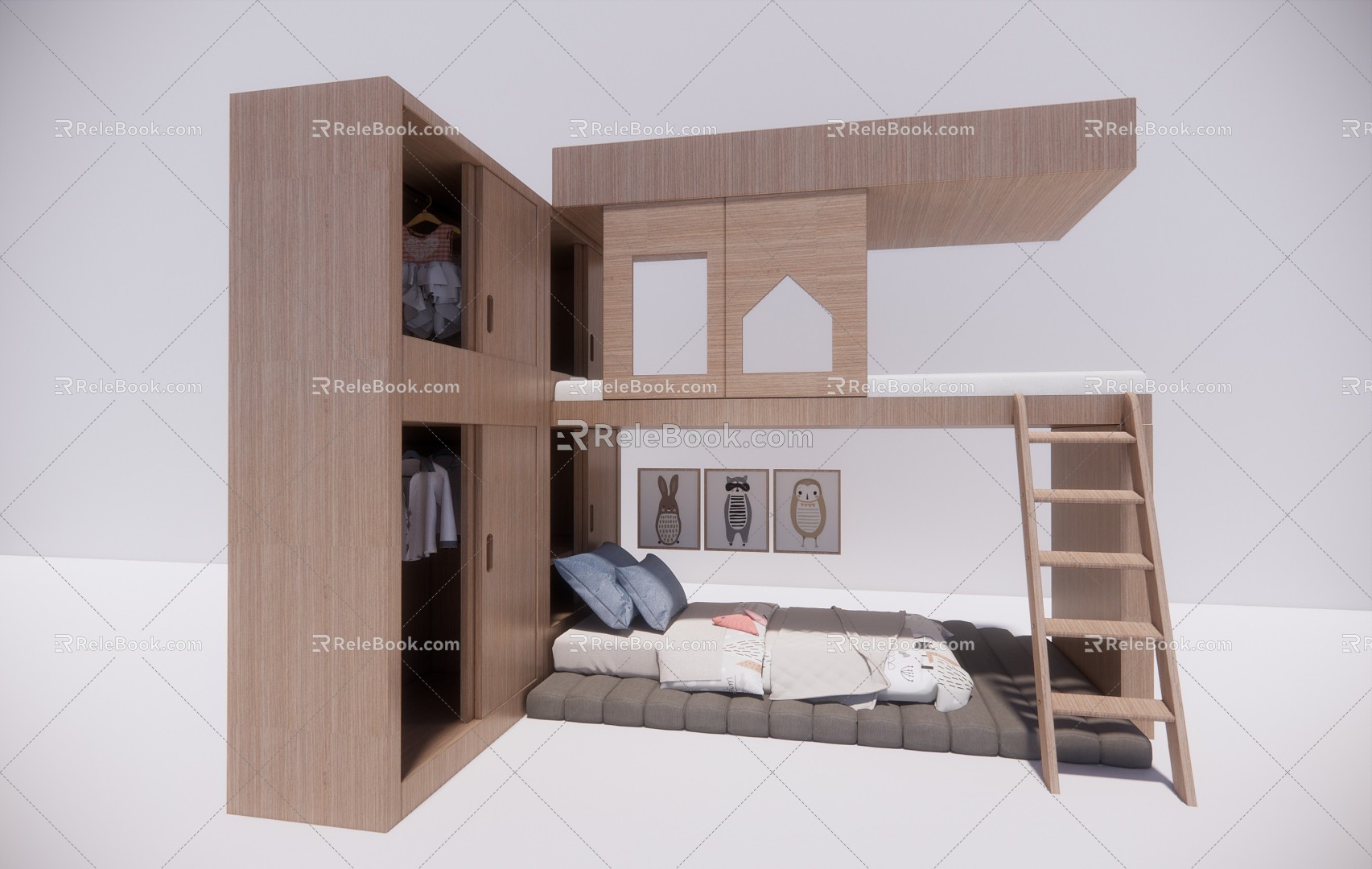 Modern Bed-and-Bed Children's Collapse Rice Bed Wardrobe Combination 3d model