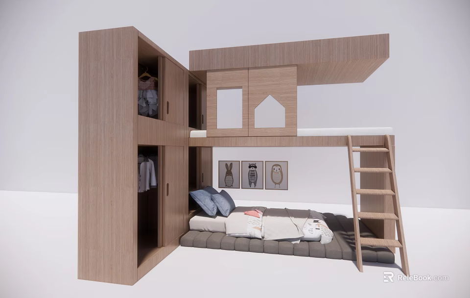 Modern Wooden Bunk Bed With Built in Cabinet Ladder And Comfortable Mattress 3d model 