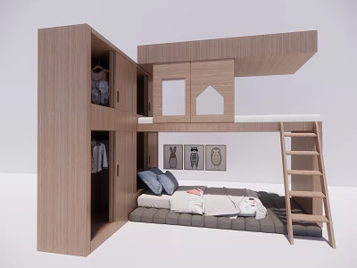 Modern Wooden Bunk Bed With Built in Cabinet Ladder And Comfortable Mattress 3d model
