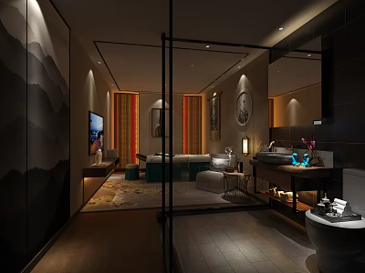SPA Sauna Modern Interior Design With Bathtub Cozy Lighting And Decorative Screens 3d model
