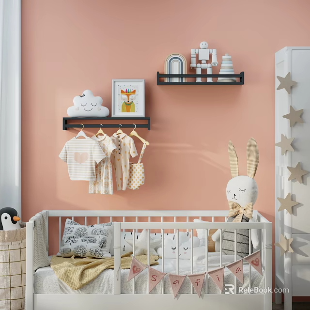 Kids Room Interior With Pink Wall Cloud Decor Hanging Clothes Robot Figurines And Rabbit Plush 3d model 
