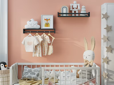 Kids Room Interior With Pink Wall Cloud Decor Hanging Clothes Robot Figurines And Rabbit Plush 3d model