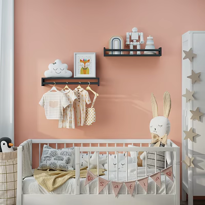 Kids Room Interior With Pink Wall Cloud Decor Hanging Clothes Robot Figurines And Rabbit Plush 3d model