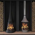 Modern Black White Conical Fireplaces With Burning Flames And Wood Logs