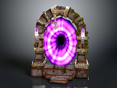 Mystical Portal Structure With Purple Glowing Core Stone Frame Steps Vines Chains And Candles 3d model