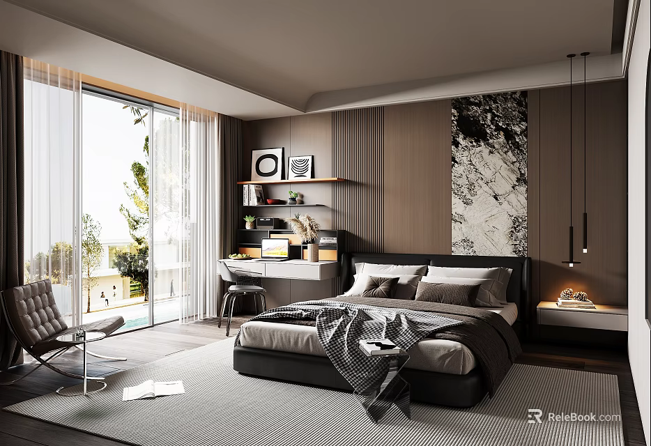 Modern Bedroom Interior Design With Large Bed Shelved Desk And Decorative Painting 3d model 