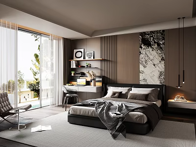 Modern Bedroom Interior Design With Large Bed Shelved Desk And Decorative Painting 3d model