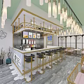Dessert Shop Interior With Golden Bar Counter High Stools Pendant Lights Green Ceiling Grid Wall
