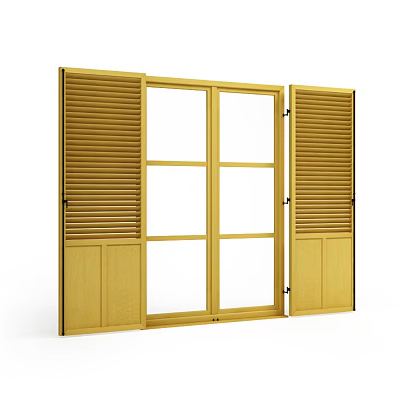 Wooden Casement Windows With Shutter Panels And Clear Glass Panes Design 3d model