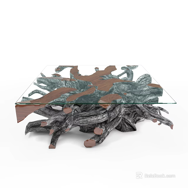 Unique Coffee Table With Glass Top And Natural Tree Root Base Design 3d model 