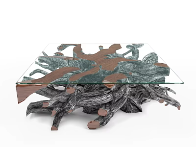 Unique Coffee Table With Glass Top And Natural Tree Root Base Design 3d model