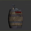 Medieval Sword With Sharp Blade Resting On Wooden Barrel With Bloodstains And Lantern