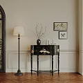 Elegant Decorative Cabinet With Floor Lamp Framed Paintings And Branch Vase On Beige Wall