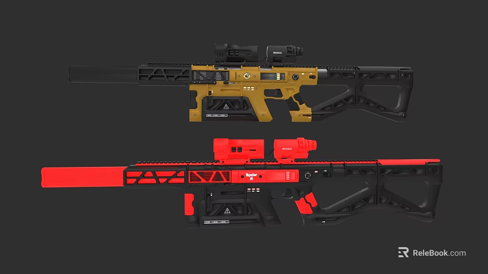Gold Black Red Tactical Rifles With Scope And Grip Design 3d model