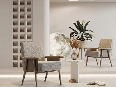 Elegant Gray Fabric Leisure Chairs With Wooden Armrests Moon Decor And Green Plant 3d model