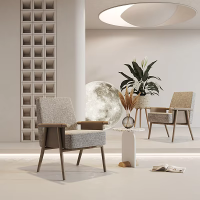 Elegant Gray Fabric Leisure Chairs With Wooden Armrests Moon Decor And Green Plant 3d model