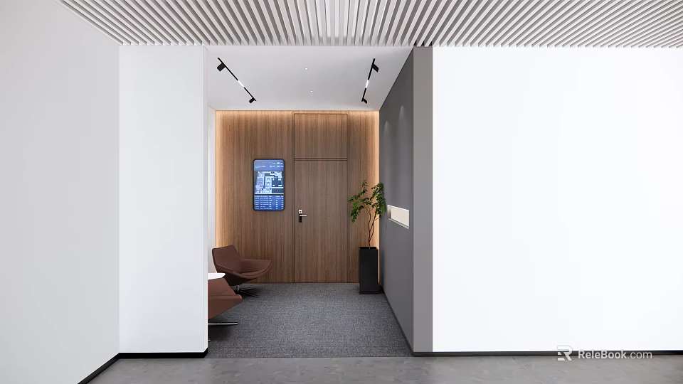 Modern Corridor Interior With Wooden Wall Digital Screen Brown Chairs Green Plant And Gray Carpet 3d model 