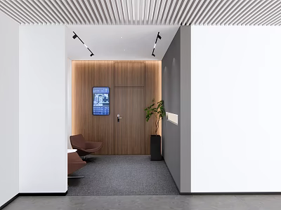 Modern Corridor Interior With Wooden Wall Digital Screen Brown Chairs Green Plant And Gray Carpet 3d model