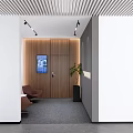 Modern Corridor Interior With Wooden Wall Digital Screen Brown Chairs Green Plant And Gray Carpet