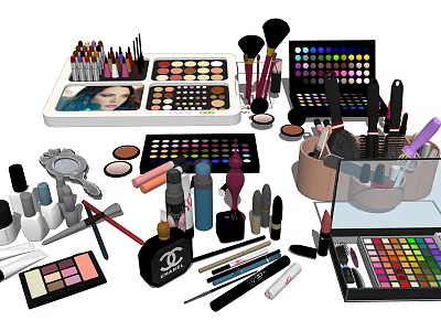 Perfume and Cosmetics Collection With Lipsticks Eyeshadow Palettes Brushes and Makeup Tools 3d model