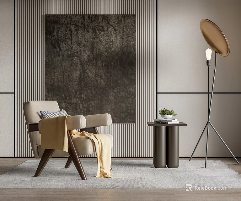 Light Colored Accent Chair With Beige Throw Blanket Black Side Table Metal Tripod Floor Lamp 3d model 