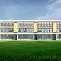 Modern School Building With Large Glass Windows White Exterior And Green Lawn Under Blue Sky