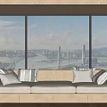 Modern Banquette Sofa With Cushions By Large Windows Overlooking City View