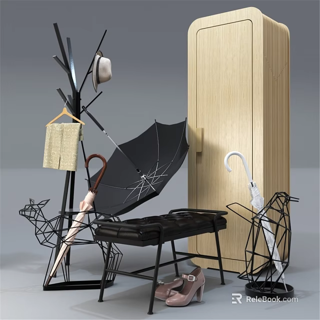 Stylish Entryway Interior With Black Umbrella Stand Beige Towel And Metal Frame Bench 3d model 