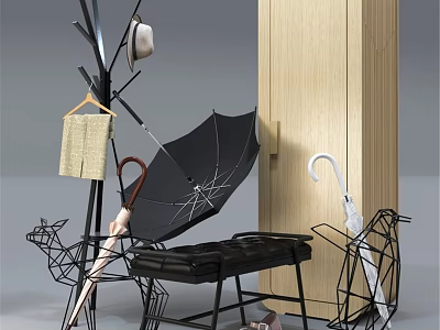 Stylish Entryway Interior With Black Umbrella Stand Beige Towel And Metal Frame Bench 3d model