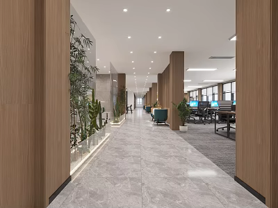 Modern Office Corridor Interior Design With Wooden Columns Marble Floor Recessed Lighting And Green Plants 3d model