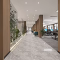 Modern Office Corridor Interior Design With Wooden Columns Marble Floor Recessed Lighting And Green Plants