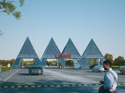 Triangular Entrance Gate with Red LED Sign Vehicles Pedestrians and Trees Under Blue Sky 3d model