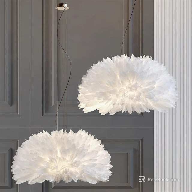 White Feather Like Chandeliers Hanging In Modern Interior With Dark Cabinetry 3d model 