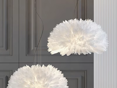 White Feather Like Chandeliers Hanging In Modern Interior With Dark Cabinetry 3d model