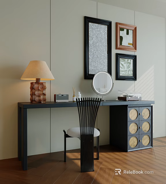 Elegant Dark Wood Dressing Table With Mirror Lamp Decorative Items And Chair 3d model 