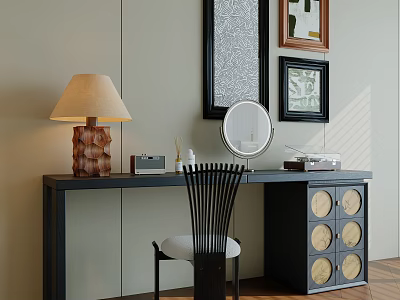Elegant Dark Wood Dressing Table With Mirror Lamp Decorative Items And Chair 3d model