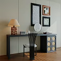 Elegant Dark Wood Dressing Table With Mirror Lamp Decorative Items And Chair