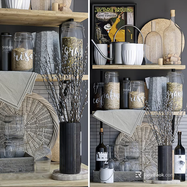 Stylish Kitchen Utensils Storage With Glass Jars Baskets And Mugs On Shelves 3d model 