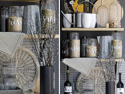 Stylish Kitchen Utensils Storage With Glass Jars Baskets And Mugs On Shelves 3d model