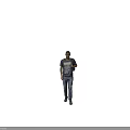 Man wearing gray T shirt and blue jeans with backpack standing against gray background