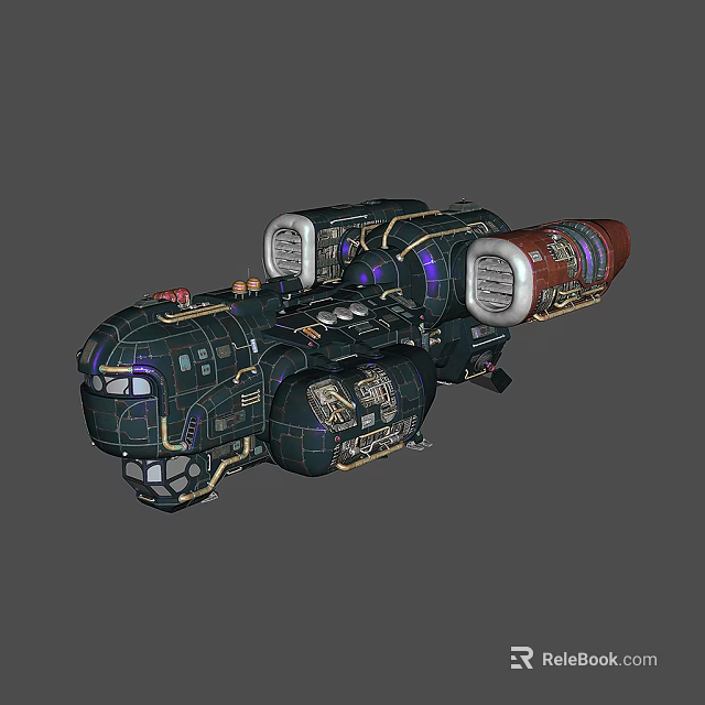 Futuristic Sci Fi Spaceship Mechanical Design With Black Body Purple Pipes Red Tail And White Engines 3d model 