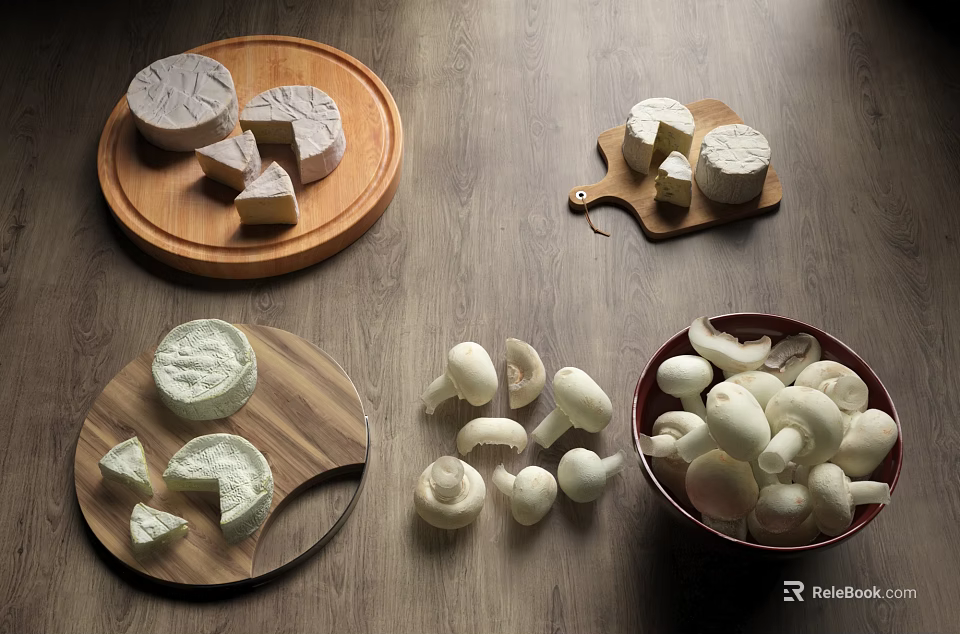 Fresh Whole and Sliced Cheese with Mushrooms on Wooden Boards and Bowl 3d model 