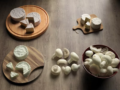 Fresh Whole and Sliced Cheese with Mushrooms on Wooden Boards and Bowl 3d model
