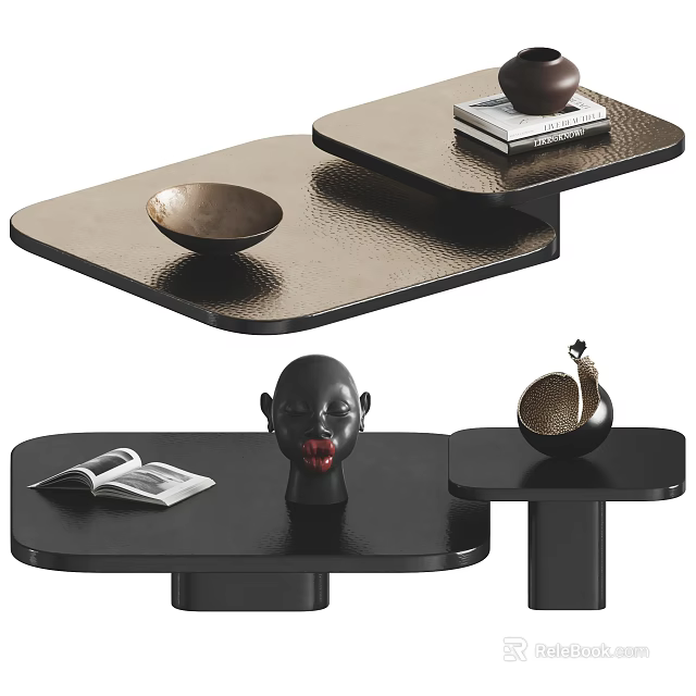 Elegant Modern Coffee Table With Brown Bowl Black Tabletop Book Sculpture Head And Decorative Item 3d model 